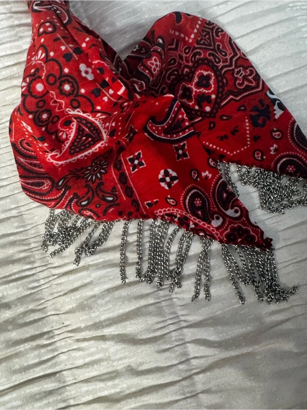 Sunday State Red Bandana Scarf Ring Accessory - With Silver Accent